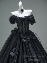 Black A-Line Off-The-Shoulder Tulle 3D Applique Long Semi Formal Prom Dress,Adult Ceremony Graduation Semi Formal Prom Dress